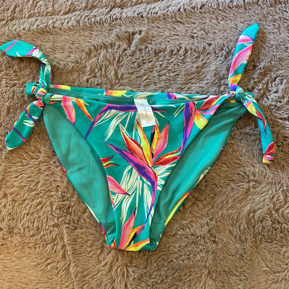 Bikini swimsuit bottoms tie sides floral multicolor green pink neon Small 3/5​